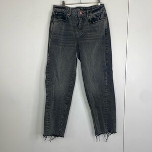 black/greyish, acid wash, straight leg, own jeans.